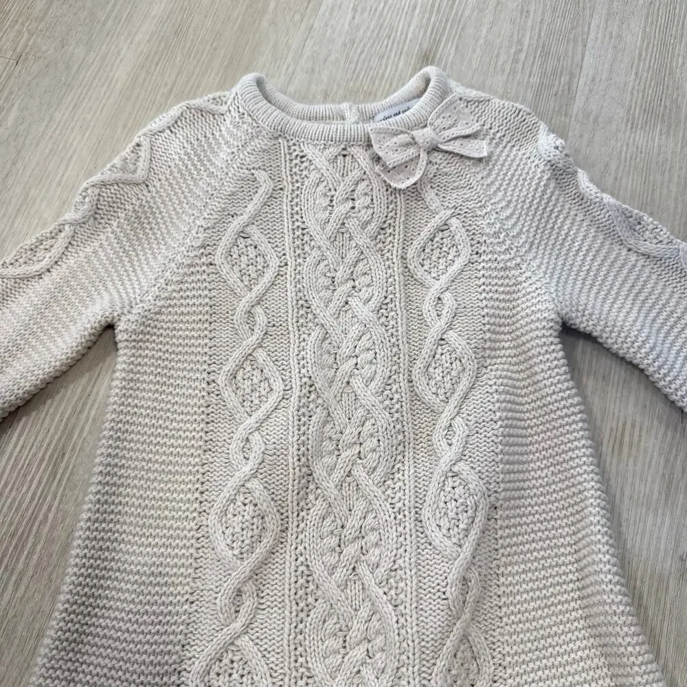 Cupcakes & Cashmere Girls Cable Knit Sweater Dress Bow Neutral Cream Size 18M